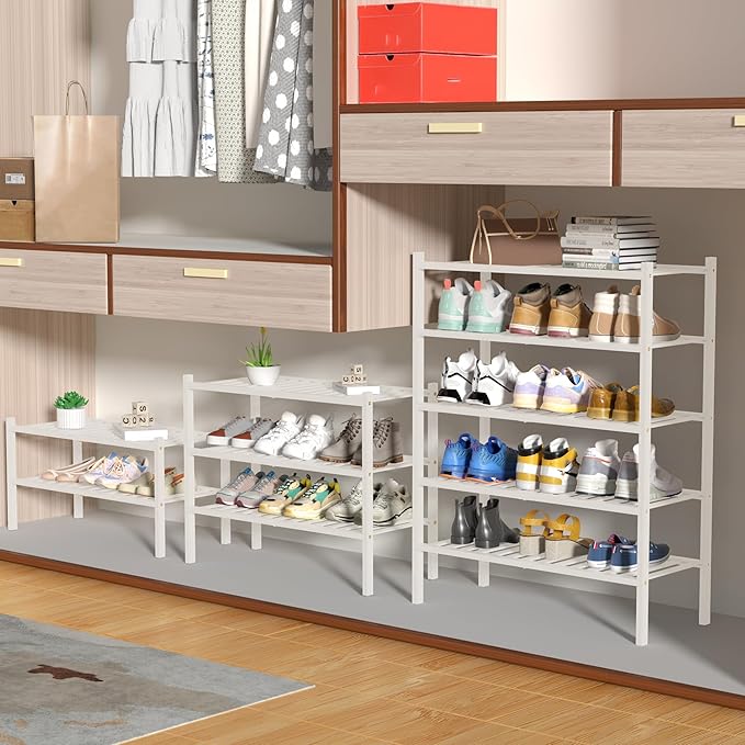 4 Tier Bamboo Shoe Rack for Closet Free Standing Wood Shoe Shelf for Entryway Small Space Stackable 27"x11"x26" (White)