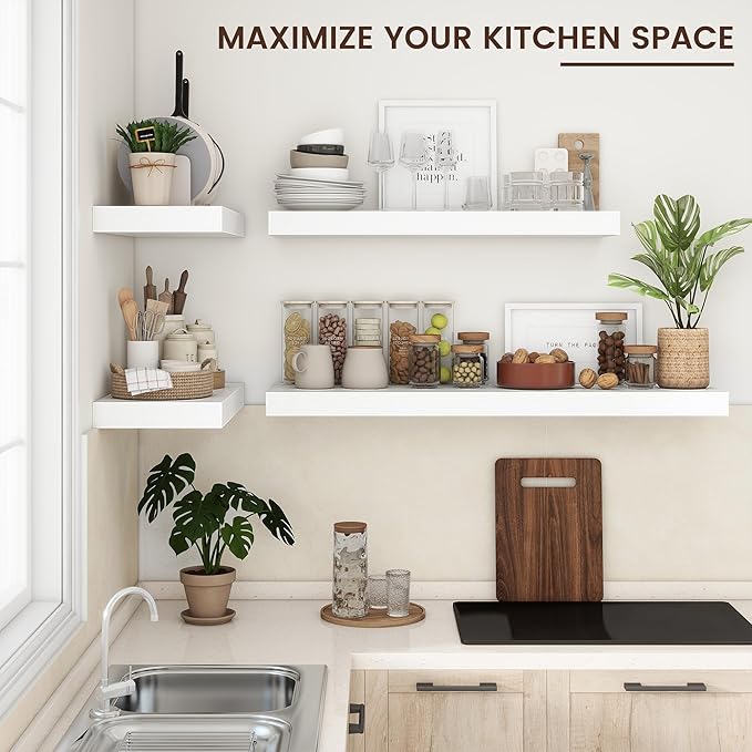 Floating Shelves for Wall, 24 Inch Wide x 12 Inch Deep Floating Shelves, Long Wood Floating Wall Shelf Shelves for Living Room Bathroom Bedroom Kitchen Home - (White, 24" W x 12" D x 2" H)