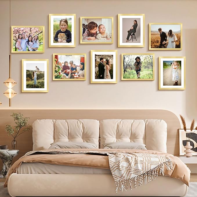 FIXSMITH 8x10 Picture Frame Bulk-4 Pack, Gold Picture Frames Collage Wall Decor, Wall & Tabletop Picture Frames, Photo Frame with HD Plexiglass, Display Pictures 5x7 with Mat or 8x10 Without Mat