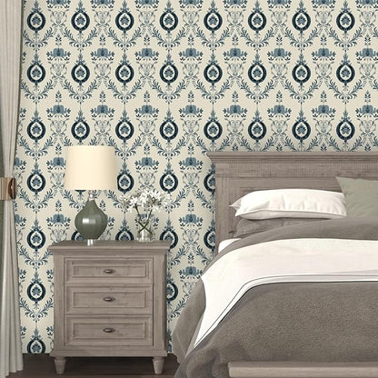 Blue Floral Wallpaper Peel and Stick Vintage Damask Contact Paper 17.5"X118" Vinyl Waterproof Self Adhesive Removable Light Blue Scroll Traditional Style Wall Paper for Bedroom Living Room Cabinets