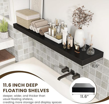 12 Inch Deep Floating Shelves | 55 Inch Black Floating Shelves | 55" W x 12" D Rustic Wood Shelves for Wall | Deep Black Shelves for Living Room Bathroom Laundry Room Kitchen