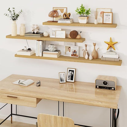 Fun Memories 72Inch Floating Shelves,Wall Mounted Rustic Wood Floating Shelf with Invisible Brackets for Storage & Decor,2 Pack Shelves for Bathroom,Bedroom and Kitchen,Oak