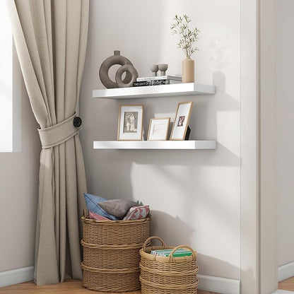 fuqing White Floating Shelves for Wall - 24 Inch Wide x 6.7 Inch Deep Solid Wood Shelves Set of 2 - White Wood Ledge Shelf for Bedroom Bathroom Living Room Kitchen