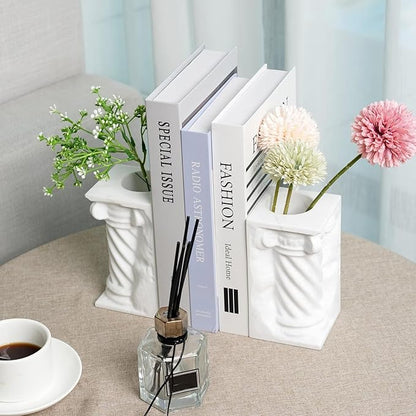 Decorative Roman Column Book Ends & Vase - Heavy Duty Marble Book Ends for Heavy Books, Vintage Home Office Decor, Dual Use as Flower Vase, Natural Stone Bookends for Shelves (2PC, White)