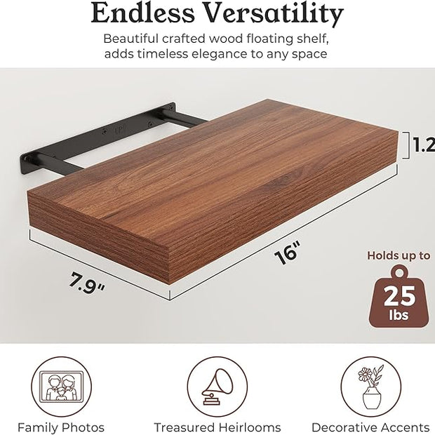 Floating Shelves for Wall, 7.9" Deep Wall Mounted Wood Shelves for Bathroom, Bedroom, Living Room, Kitchen, Hanging Shelf for Books/Storage/Room Decor (Walnut, 16")
