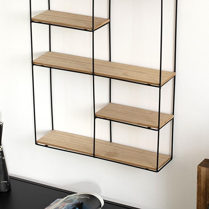 Vintiquewise Rectangular 4-Tier Floating Wall Shelf - Metal and Wood Wall-Mounted Display Shelf - Multi-Functional Wall Storage, Perfect for Entryway, Bathroom, Bedroom, Living Room, or Office