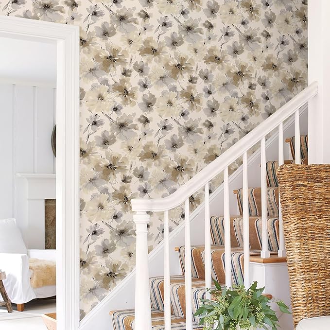 JiffDiff Beige Flower Watercolor Flower Peel and Stick Wallpaper, Honey Wheat Yellow, 17.3x393.7 inch, 48.5 sq ft, Straight Match