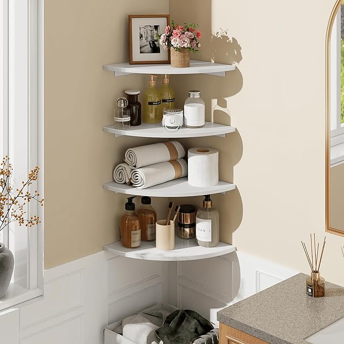 Homode Corner Floating Shelves, Set of 4 Round Corner Shelf Wall Mount with Cord Hole, 12 Inch Wood Curved Hanging Shelf for Cable Box, Speaker, TV Cords, Books, Plants, White