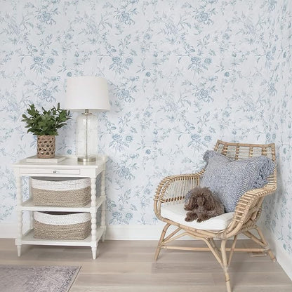 Ismoon Blue Wallpaper Peel and Stick Floral Vintage Stick on Wall Paper French Textured Contact Paper for Cabinet Removable Self Adhesive Wallpaper Vinyl Roll Shelf Deco, 17.3x787in