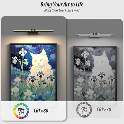 Brass Picture Light for Wall - 21inch Dimmable & Rechargeable Art Light with Single Swing Arm, 25H Light Time, Angle Adjustable, 3 Color Temperatures Timer - Perfect for Paintings and Home Decor