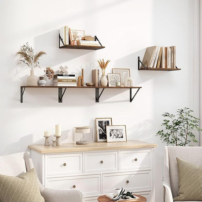 Heimlove Deep Floating Shelves for Wall, 16W x 8D Wood Wall Shelves Set of 2, Wide Floating Bookshelf for Living Room, Kitchen, Office, Bedroom and Decor Storage, with Metal Bracket - Rustic Brown