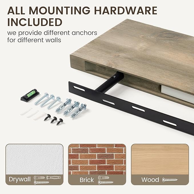 Marsmiles 30 Inch Floating Shelves | 9.3 Inch Deep Grey Wood Wall Shelves Set of 2 | Rustic Reclaimed Wood Shelves for Room Wall | Farmhouse Floating Shelves for Living Room Bathroom