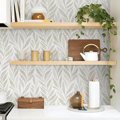 Safiyya 787"x17.3" Boho Peel and Stick Wallpaper Beige and White Wallpaper Leaf Self Adhesive Removable Wall Paper for Bathroom Bedroom Contact Paper for Walls Vinyl Roll