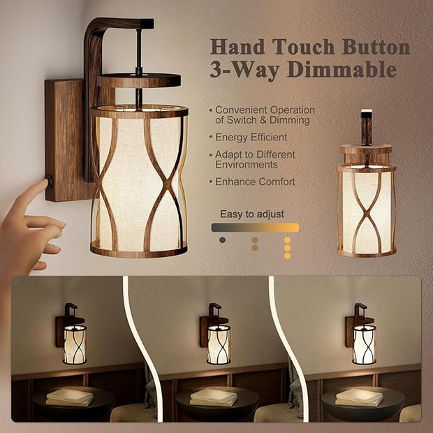 N10-1 Farmhouse Wall Sconces Dimmable Hanging Plug in Wall Lamp Linen Lampshade Metal Base Rustic Hardwired Wall Lighting Sconce Lights for Bedroom Bedside Living Room (Bulb Included)