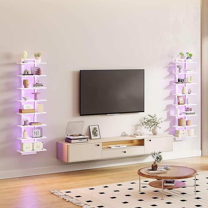 8 Tier Wall Shelf Unit with LED Light, White Floating Shelf, Vertical Display Shelf, Wall Decor for Bedroom, Living Room, Vanity, 15" W x 5.9" D x 58.3" H