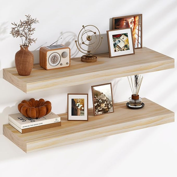 Fun Memories Floating Shelves, 9.3'' Deep Solid Pine Wood Wall Shelves for Storage, Wall Mounted Display Shelf with Invisible Heavy-Duty Metal Bracket, 36'' Width Set of 2, Unfinished - DIY Stain