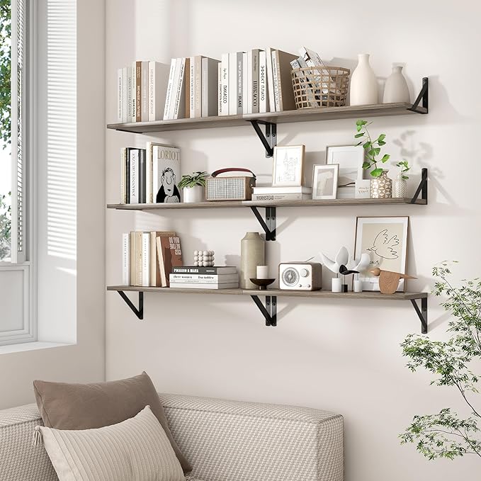 Axeman 55 Inch Floating Shelves | 8 Inch Deep Grey Wall Shelves Set of 2 | 55