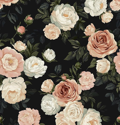 Pink White Rose Peony Wallpaper Peel and Stick Black Floral 17.5in x 118in Vintage Flower Contact Paper Boho Vinyl Waterproof Self Adhesive Flower Botanical Wall Paper for Bathroom Cabinet Décor