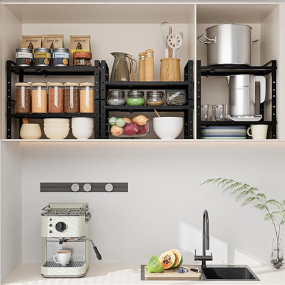 Expandable,Adjustable & Stackable Spice Rack, Cabinet Kitchen Countertop Shelf Organizer,Metal Pantry Storage Shelves - Space-Saving Storage Solution(1Pack/Black/Medium)