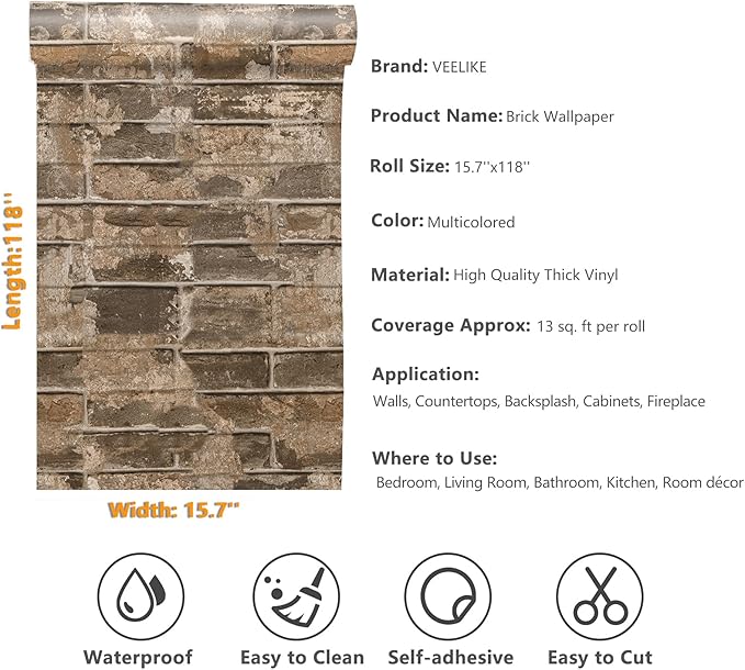 VEELIKE Brown Faux Brick Wallpaper 15.7''x118'' 3D Textured Peel and Stick Wall Paper Self Adhesive Waterproof Contact Paper for Wall Kitchen Backsplash Room Decor Vinyl