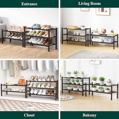 Smiry Bamboo Shoe Rack for Closet, 4 Tier Wooden Stackable Shoe Organizer, Free Standing Shoes Storage Shelf for Entryway, Front Door Entrance, Brown