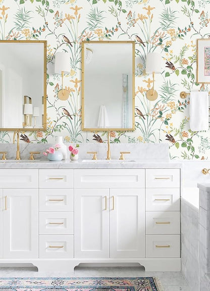 Erfoni 16.9" x197" Modern Floral and Birds Wallpaper Flower Removable Peel and Stick Wallpaper Self Adhesive Wall Paper for Accent Walls Decorative Boho Floral Leaf Contact Paper Colorful Vinyl Roll