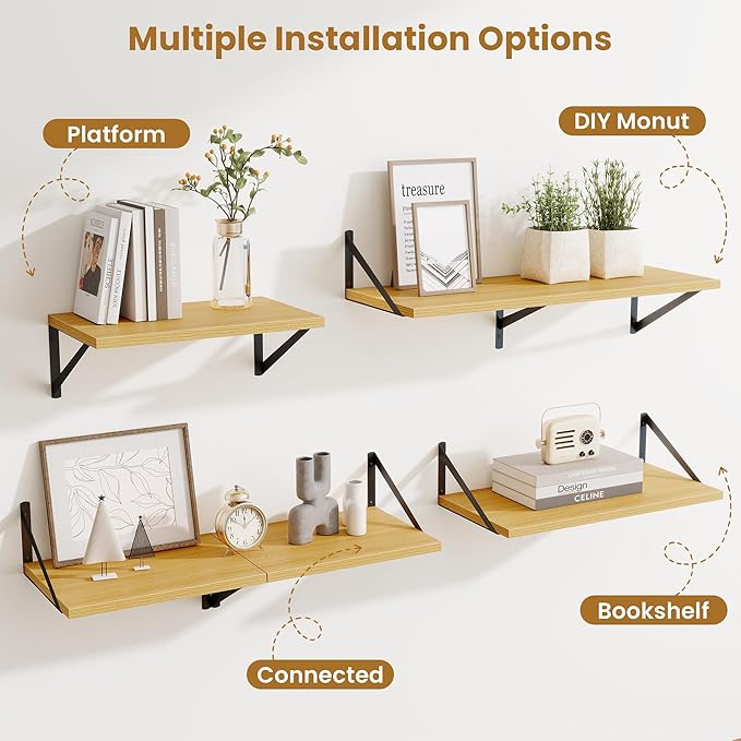 Deep Floating Shelves,24" Wx10 D Floating Shelf for Wall Set of 2,Hanging Storage Shelf with Metal Brackets,Wide Display Wall Shelves for Living Room,Bedroom,Bathroom,Kitchen,Oak