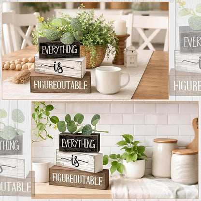 4 Pcs Inspirational Farmhouse Table Decor Everything Is Figureoutable Stacked Wooden Block Signs with Inspirational Quote Eucalyptus Leaves for Home, Living Room, Shelf Housewarming Gift