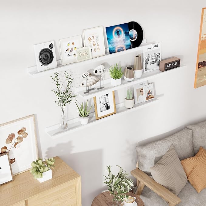 RICHFOCUS Floating Shelves for Wall, 48 inch Solid Wood Picture Ledge Shelf for Wall Storage, Nursery Book Shelves with Lip for Living Room Bathroom Bedroom Kitchen, Set of 3, Washed White