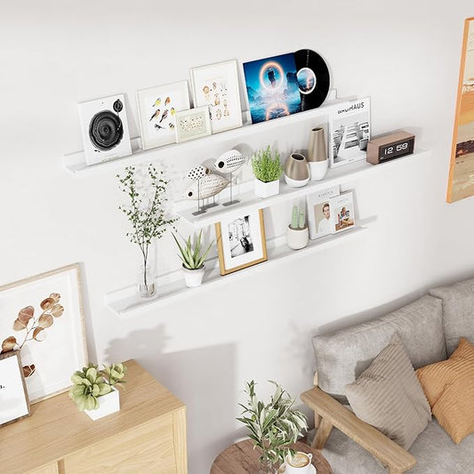 RICHFOCUS Floating Shelves for Wall, 48 inch Solid Wood Picture Ledge Shelf for Wall Storage, Nursery Book Shelves with Lip for Living Room Bathroom Bedroom Kitchen, Set of 3, Washed White