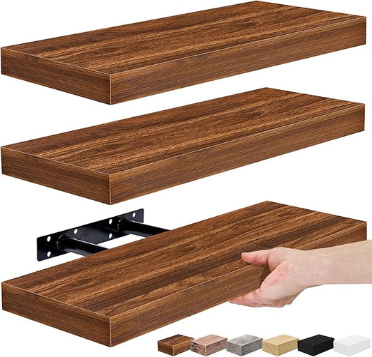 Sorbus Floating Shelves for Wall – 16 Inch Floating Shelf for Kitchen, Bedroom, Living Room, Bathroom, Home & Wall Decor - Mounted Bathroom Shelves with Invisible Brackets (Walnut, 3 Pack)