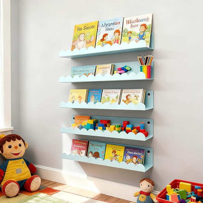 Nursery Book Shelves Set of 6, Blue Metal Floating Shelves for Wall, 16 Inch Scalloped Book Shelf for Kids Room, Bathroom, Bedroom, Playroom Wall Decor & Storage