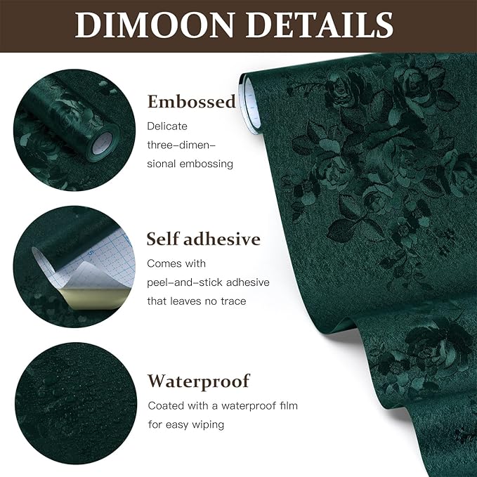 Dimoon 17.7''x78.7'' Green Peel and Stick Wallpaper Gothic Floral Wall Paper Contact Paper Closeout Renter Friendly Modern Self Adhesive Damask Cabinet Vinyl Roll(78.7''x17.7'', Green Floral Textured)
