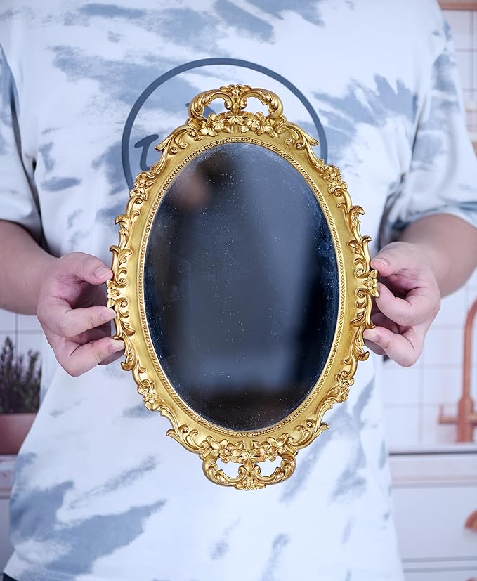 Vintage Decorative Gold Framed Mirror, Small Oval Wall Hanging Mirror -Small- 9.6