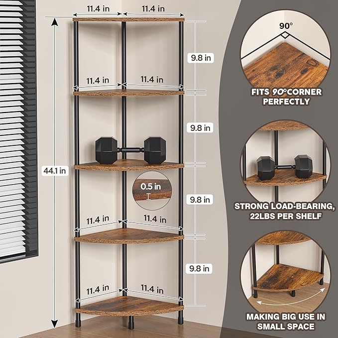 Corner Plant Stand Shelf, 5 Tier Tall Shelf Plant Stand for Indoor Plants, Rustic Brown Corner Bookshelf Wall Decor Living Room, 44.1