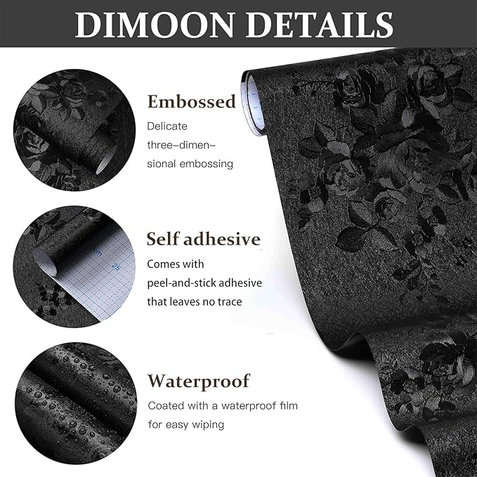 Dimoon 17.7''x118'' Peel and Stick Wallpaper Black Contact Paper Gothic Floral Modern Wall Paper Renter Friendly Self Adhesive Damask Cabinet Vinyl Roll(118''x17.7'', Black Floral Textured)