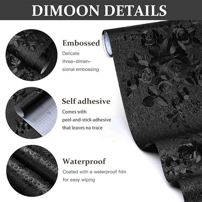 Dimoon 17.7''x118'' Peel and Stick Wallpaper Black Contact Paper Gothic Floral Modern Wall Paper Renter Friendly Self Adhesive Damask Cabinet Vinyl Roll(118''x17.7'', Black Floral Textured)