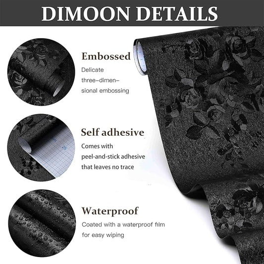 Dimoon 17.7''x118'' Peel and Stick Wallpaper Black Contact Paper Gothic Floral Modern Wall Paper Renter Friendly Self Adhesive Damask Cabinet Vinyl Roll(118''x17.7'', Black Floral Textured)