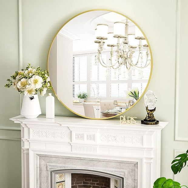 VooBang Round Mirror 23.6" Gold Wall Mounted Circle Mirrors Vanity Mirror with Aluminum Alloy Frame Modern Decoration for Bathroom, Living Room, Vanity, Bedroom, Entryway