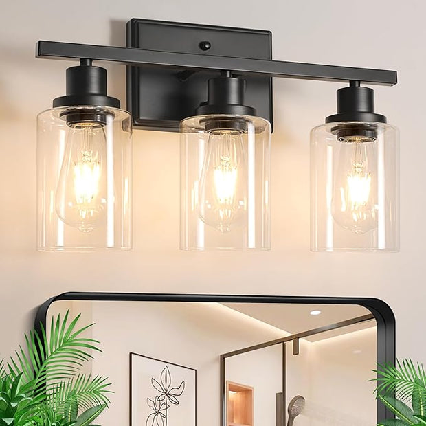 Ascher Bathroom Vanity Light Fixtures, 3 Light Wall Sconces Lighting with Clear Glass Shade, Black Wall Lights for Mirror, Kitchen, Living Room, Gallery, Hallway, E26 Base (Bulbs Not Included)