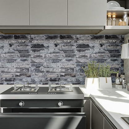 VEELIKE 15.7''x118'' Grey Brick Wallpaper Peel and Stick 3D Textured Faux Brick Wall Paper Self Adhesive Removable Waterproof Rustic Brick Contact Paper for Walls Bedroom Backsplash Cabinet Backdrop