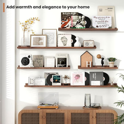 Fun Memories Picture Ledge Shelves Set of 2, 48 Inch Rustic Wall Mounted Floating Shelves with Lip for Home Storage and Décor in Bathroom, Kitchen, Nursery, Bedroom, Living Room, Walnut