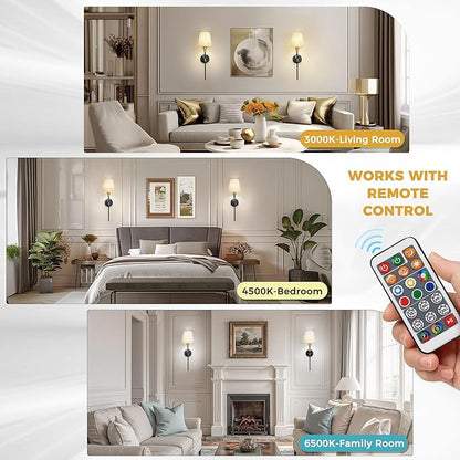DORESshop Battery Operated Wall Sconce Set of 2, 7 Color Wireless Wall Light Easy to Install, Sconce Wall Decor Set of 2 for Bedroom, Living Room, Fabric Linen Shade, Gold and Black, 24.6in
