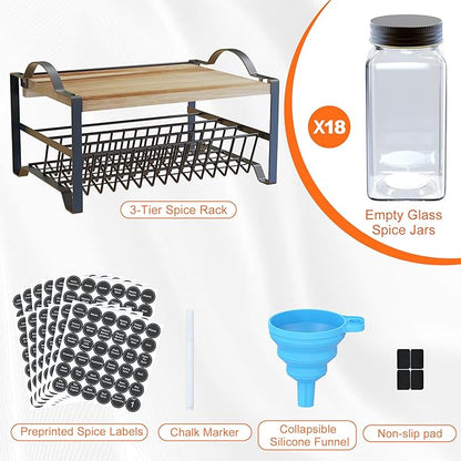 3 Tier Spice Rack Organizer with Bamboo Top Tablet Holder, 18 Spice Jars, 422 Spice Labels, and Funnel Set for Kitchen, Cabinet, Countertop, Pantry, Cupboard. Seasoning Organizer Black