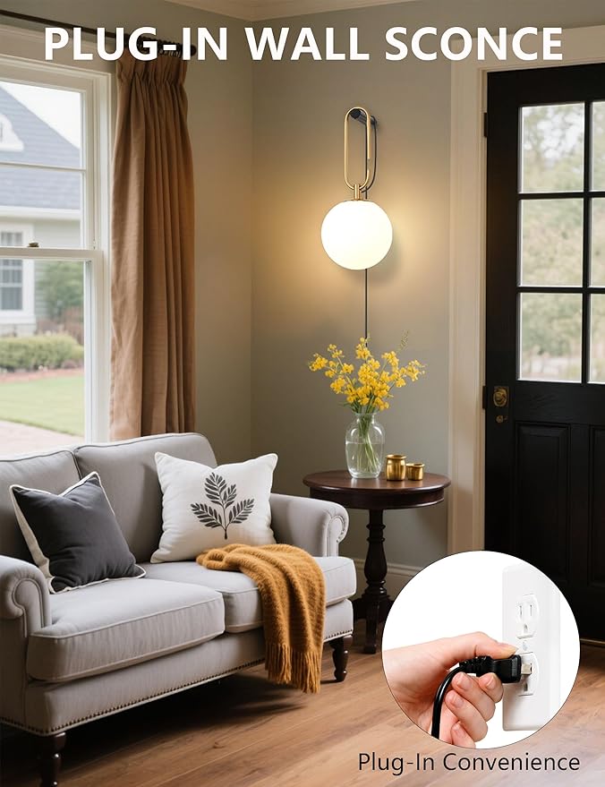 Dimmable Plug in Wall Sconces Set of 2, Modern Globe Wall Light with Rotary Dimmer Switch, Black & Gold Finish with Opal Glass Shade, 7.5Ft Cord & Dimmable G9 Bulb Included for Bedroom Bedside