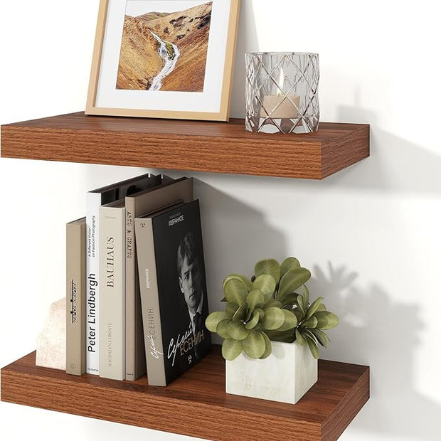 Floating Shelves for Wall, 7.9" Deep Wall Mounted Wood Shelves for Bathroom, Bedroom, Living Room, Kitchen, Hanging Shelf for Books/Storage/Room Decor (Walnut, 16")