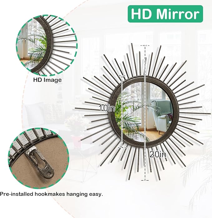Sunburst Spoked Large Wall Mirror Boho Home Circle Art Mirror Modern Metal Mirror for Wall Decorative Bathroom Bedroom Vanity Hallway Balcony Living Room Entryway 20