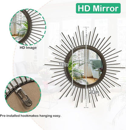 Sunburst Spoked Large Wall Mirror Boho Home Circle Art Mirror Modern Metal Mirror for Wall Decorative Bathroom Bedroom Vanity Hallway Balcony Living Room Entryway 20"
