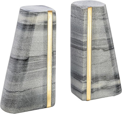 Main + Mesa Modern Marble Bookends with Brass Detail, Set of 2, Grey