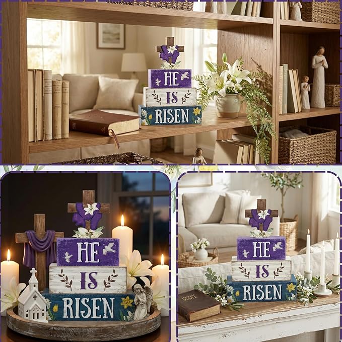 Easter Decorations, 4 Pcs Wooden Easter Table Decorations, He Is Risen Tiered Tray Decor, Wooden Table Sign for Desk Shelf Mantel Coffee Bar, Indoor Home Decor